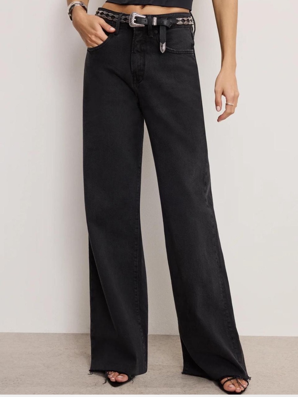 Good American GOOD EASE mid rise wide leg black gray jeans sz 2 26 long tall 34”